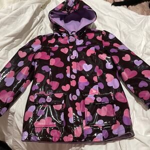Kids Headquarters 5 raincoat black pink lavender hearts fleece lined guc